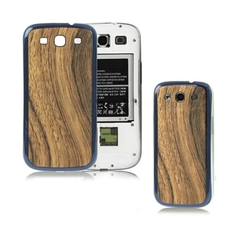 For Galaxy SIII / i9300 Wood Texture Leather Skin Battery Cover with Dark Blue Frame — image 1