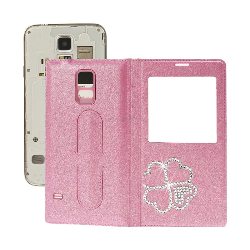 For Galaxy S5 / G900 Four Leaf Clover Diamond Flip Leather Back Cover with Call Display ID & Holder (Pink) — image 1